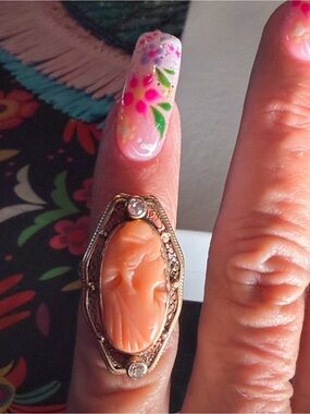 Art Nouveau Carved Pink Coral, Gold & Diamonds Ring
